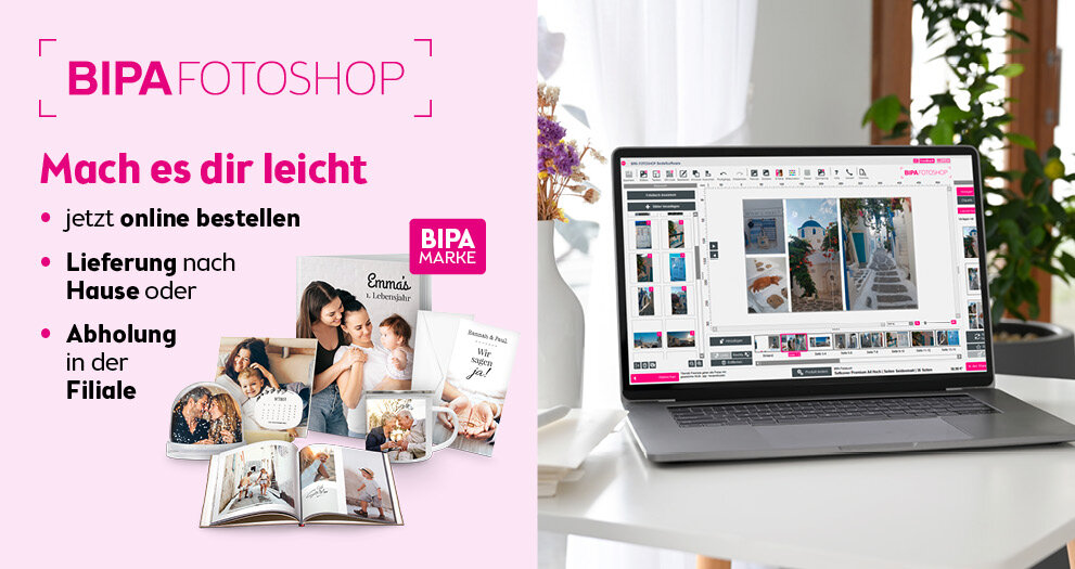Laptop mit BIPA Fotoshop Editor zur Fotoproduktgestaltung, links Auswahl an Fotobüchern, Tassen und Kalendern.